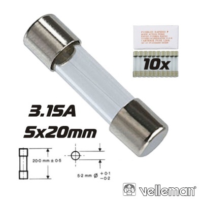 Fusível cilíndrico de vidro com especificações 3.15A 5x20mm e embalagem