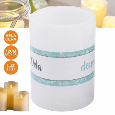 Vela decorativa branca LED com etiqueta e informações ao lado