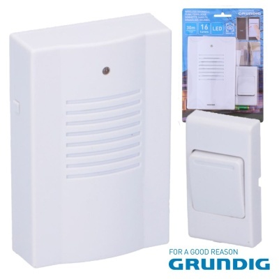 Campainha eletrónica branca com botão e transmissor e embalagem azul