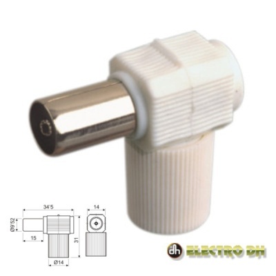 Conector coaxial com corpo plástico branco e conector metálico prateado