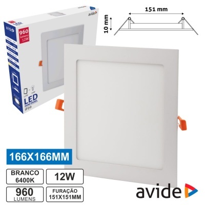 Painel LED quadrado branco da marca avide com luz de 12W