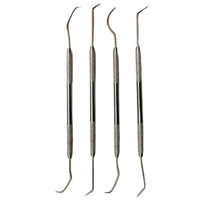 Conjunto de quatro ferramentas metálicas com pontas curvas e cabos texturizados