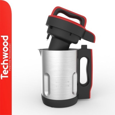 Produto de cozinha Techwood em aço inoxidável com detalhes a vermelho e preto