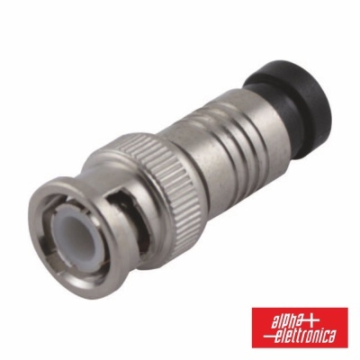 Conector BNC metálico prateado com anel de aperto e parte preta