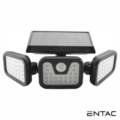 Luz de segurança LED solar ENTAC com três painéis e sensor de movimento.
