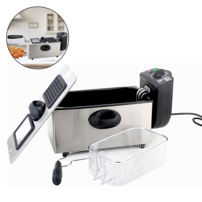 Fritadeira elétrica em inox com cesto metálico e tampa de vidro
