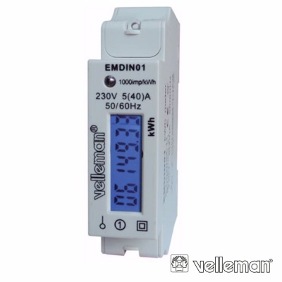 Medidor energético digital branco Velleman EMDIN01 com visor LCD azul e indicações técnicas