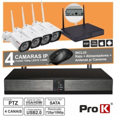 Pack de vigilância com 4 câmaras IP brancas, router preto com 2 antenas e caixa negra de controlo