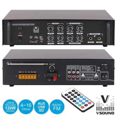 Amplificador de som preto VSound com várias entradas e controle remoto