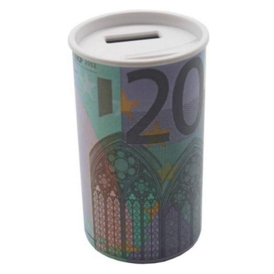 Mealheiro cilíndrico decorado com nota de 20