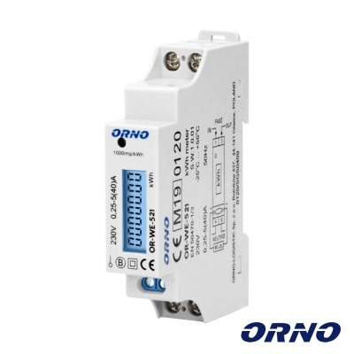 Medidor de energia elétrica digital branco ORNO com visor e texto técnico