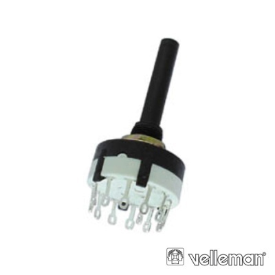 Interruptor rotativo preto e branco com ligações metálicas