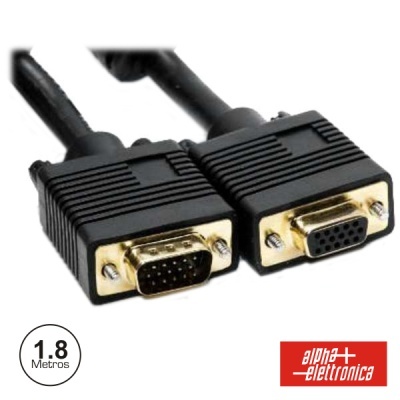 Cabo VGA preto com conectores macho e fêmea dourados e logótipo Alpha Elettronica