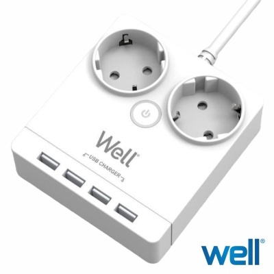 Extensão elétrica branca Well com duas tomadas e quatro portas USB