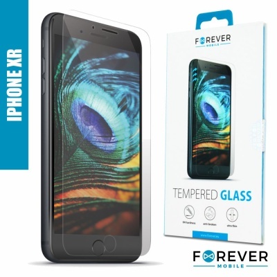 Película de vidro temperado para iPhone XR da Forever Mobile com imagem de pena de pavão colorida no ecrã