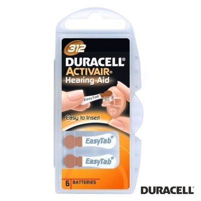 Embalagem de baterias Duracell ACTIVAIR para aparelhos auditivos, tamanho 312, com texto EasyTab