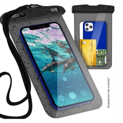 Suporte impermeável preto para smartphone com fecho seguro e cordão