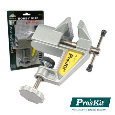 Morsa de bancada metálica cinza Pro'sKit PD-314 em embalagem e fora dela