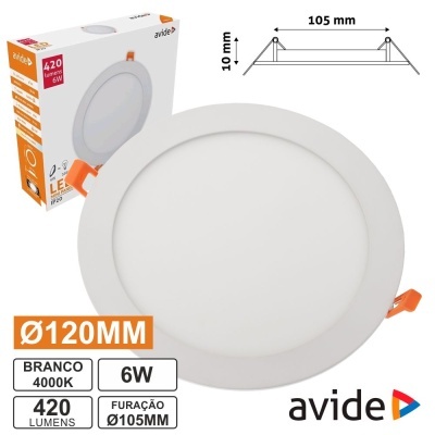Plafon LED branco redondo com clips laranja e embalagem do produto avide.