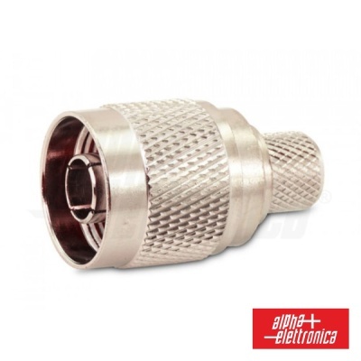 Conector metálico prateado texturizado com logótipo alpha elettronica