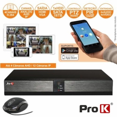 Gravador digital Pro K com controle remoto e imagens de câmeras de segurança em dispositivos móveis.