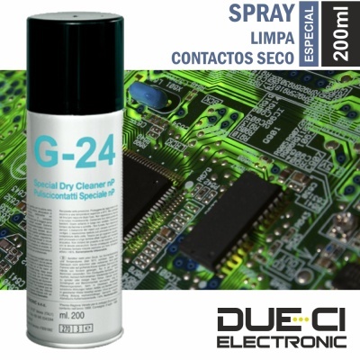 Spray de limpeza seca G-24 para contactos eletrónicos em embalagem branca e azul sobre placa eletrónica verde