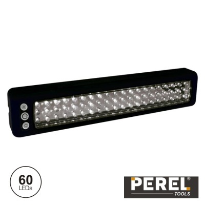Luz LED retangular preta com 60 LEDs e botões laterais, logotipo PEREL TOOLS