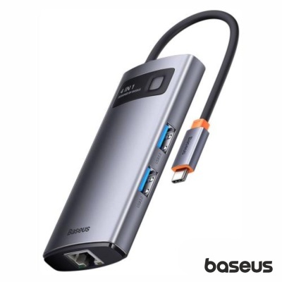 Adaptador USB-C cinzento metalizado com portas USB e Ethernet
