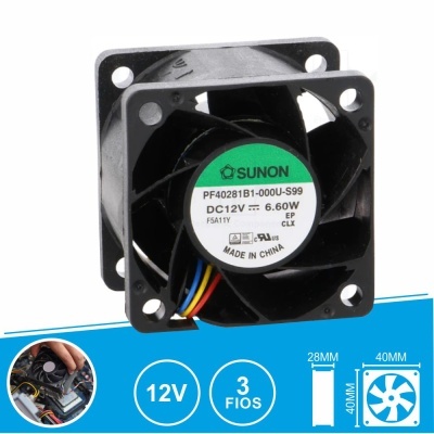 Ventoinha de refrigeração SUNON preta com etiqueta e fios coloridos