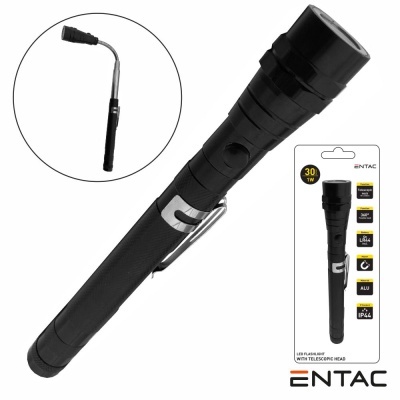 Lanterna LED preta ENTAC com cabeça telescópica e embalagem