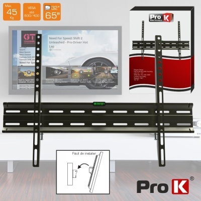 Suporte de parede preto para TV Pro K com informações de capacidade e compatibilidade