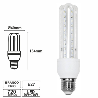 Lâmpada LED tubular branca fria E27 com dados técnicos ao lado