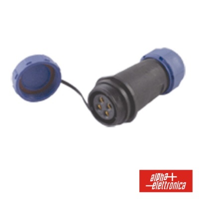 Conector elétrico preto com tampa azul e logótipo alpha elettronica