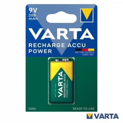 Pilha recarregável VARTA 9V 200mAh em embalagem azul e verde