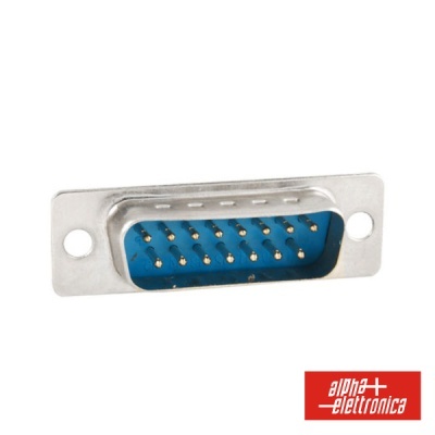 Conector DB25 macho metálico com pinos dourados e interior azul