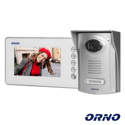 Intercomunicador ORNO com ecrã e câmara prateada e moldura branca