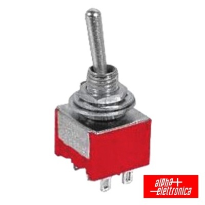 Interruptor de alavanca vermelho com parte metálica e logótipo alpha+ elettronica