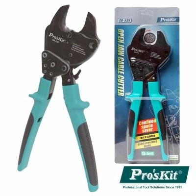 Ferramenta de corte de cabos Pro'sKit com cabos azul turquesa e preto, vista em embalagem azul ao lado