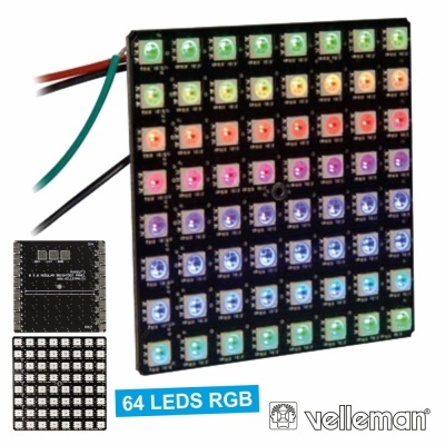 Painel quadrado com 64 LEDs RGB coloridos e texto '64 LEDS RGB'