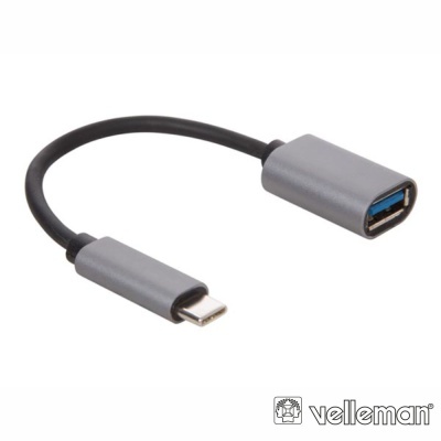 Cabo adaptador USB-C para USB-A cinza com cabo preto e logotipo Velleman
