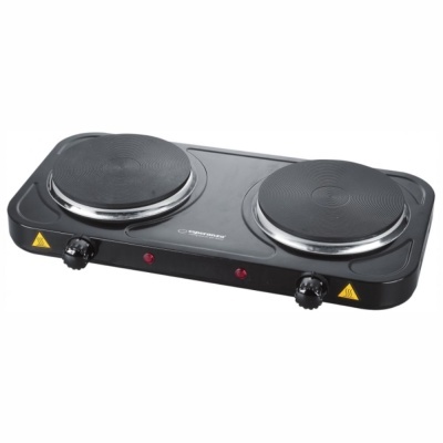 fogão elétrico portátil com duas placas de ferro fundido e botões de controlo