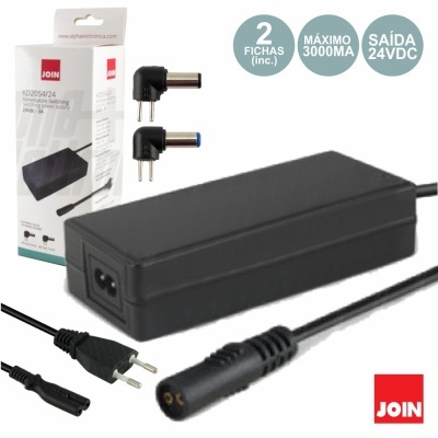 Fonte de alimentação preta retangular com cabos e duas fichas intercambiáveis, embalagem branca JOIN
