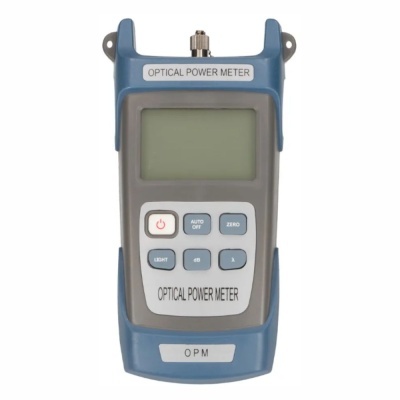 Medidor de potência óptica azul e cinza com visor digital e botões