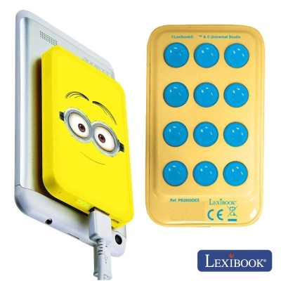 Carregador portátil amarelo Minions com ventosas azuis e embalagem amarela Lexibook