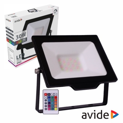 Projetor LED preto Avide com controlo remoto colorido e embalagem branca.