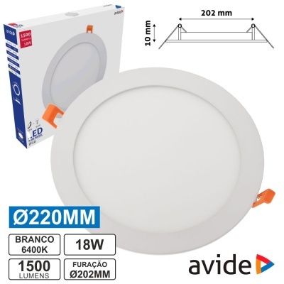 Plafonnier LED redondo branco com presilhas laranja e embalagem com características técnicas