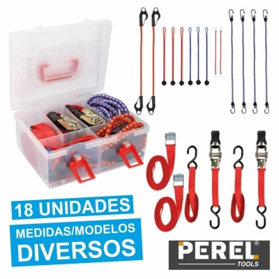 Estojo com 18 cintos elásticos coloridos de diversos modelos e tamanhos da marca Perel Tools