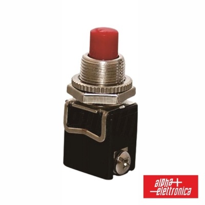 Botão de pressão vermelho com base metálica e caixa preta