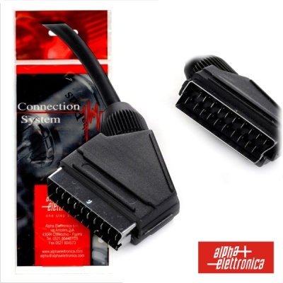 Cabo de conector SCART preto e embalagem com texto 