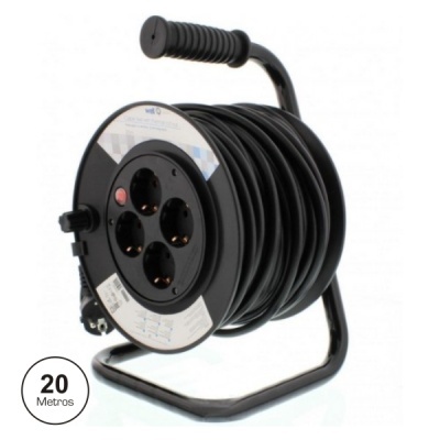 Bobine de extensão eléctrica preta com 20 metros e quatro tomadas